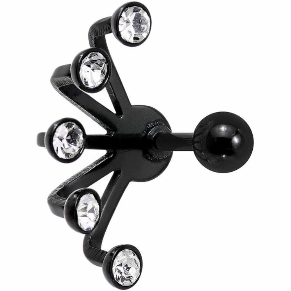 16g, 1/4 Clear Gem Black Anodized Glam Fan Cuff Cartilage Earring × 1